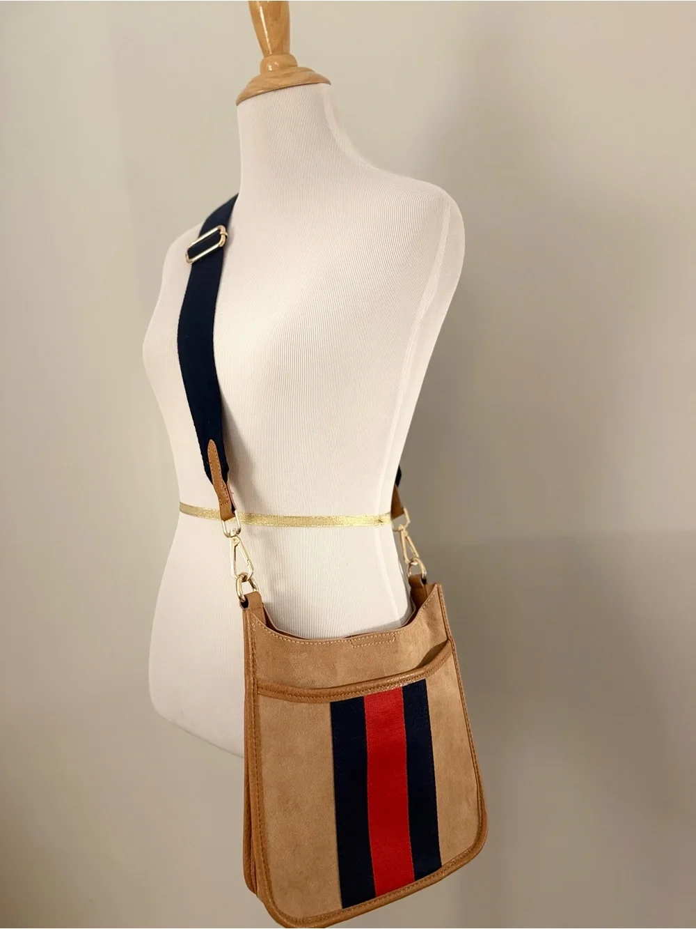 NWOT ⊛ Boutique ⊛ Suede Crossbody Bag ⊛ Navy, & Camel Tan ⊛ Gold Hardware